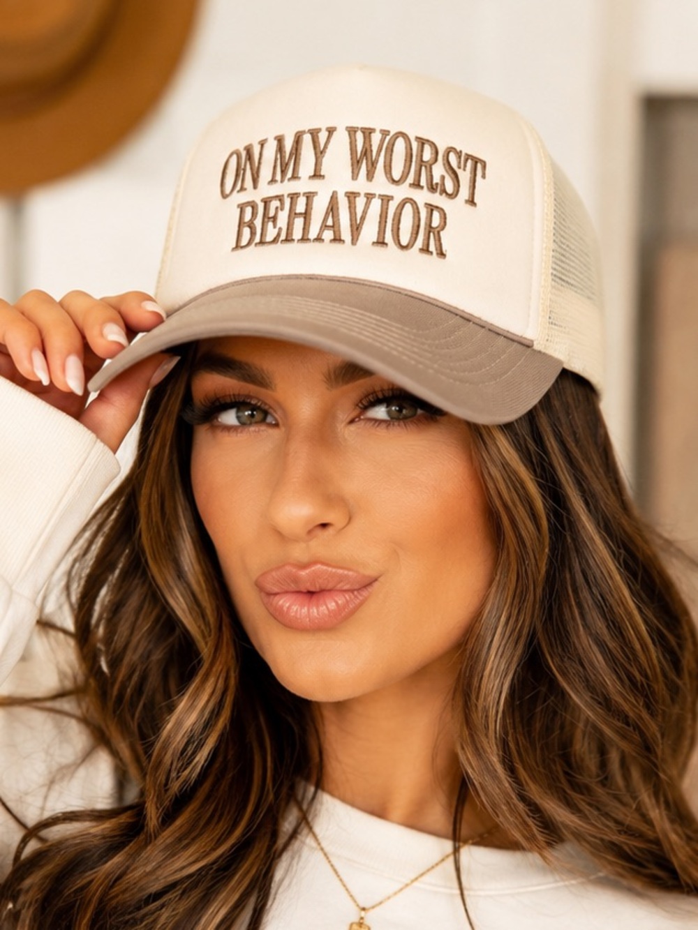 π On My Worst Behavior Trucker Hat Ash Mocha Cream Embroidered Snapback Cap